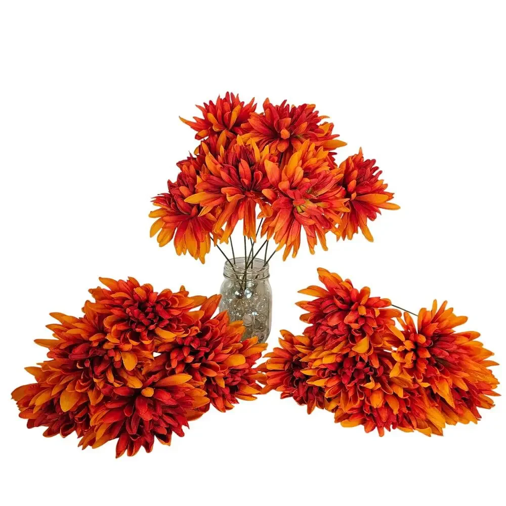 Artificial Silk Fall Mum Flowers 16 Orange Red Stems Autumn Floral Wreath Craft